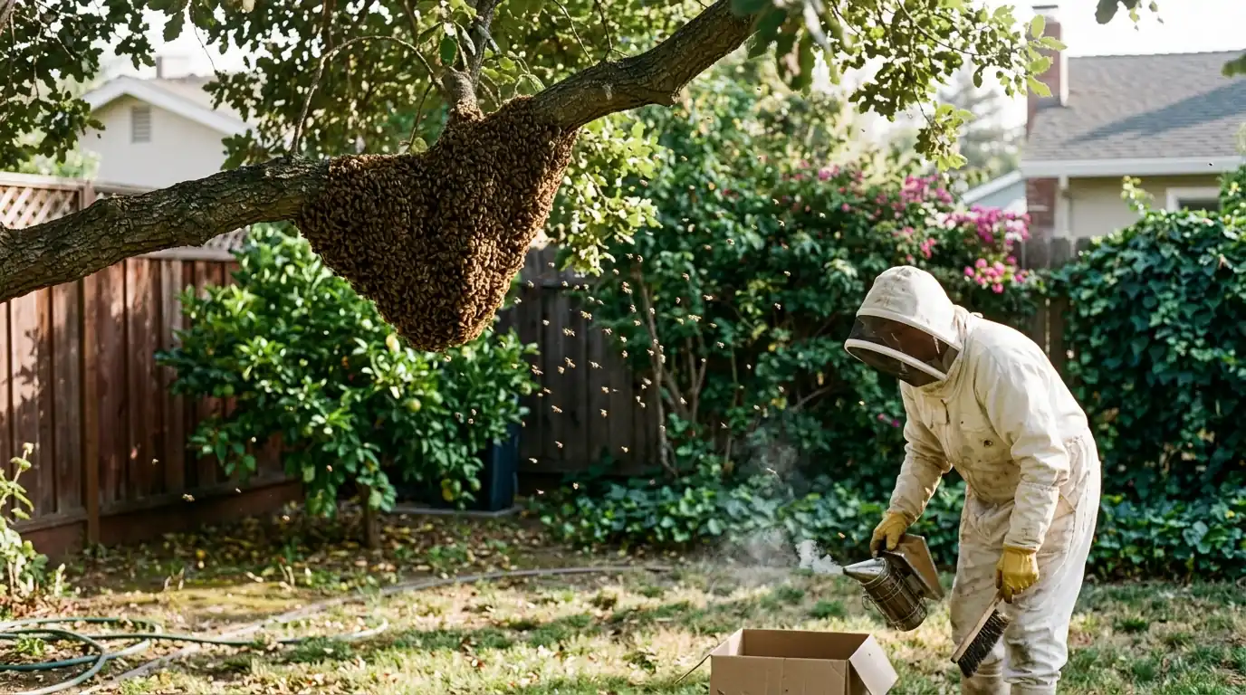 Honey bee swarm clustered on a branch in a San Jose yard