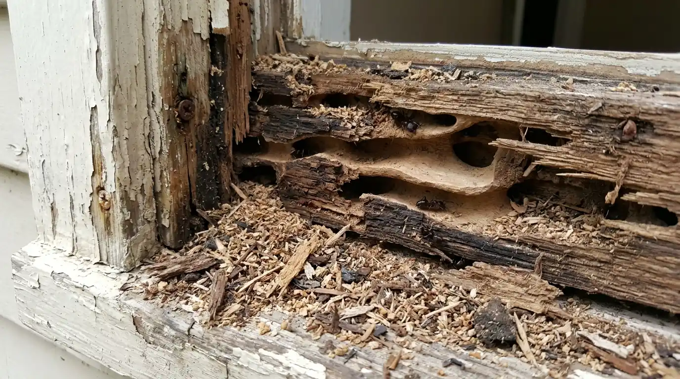 Carpenter ant galleries exposed in a damp window frame in San Jose