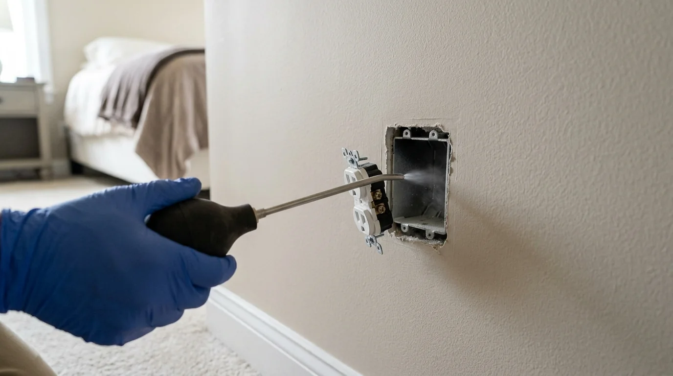 Targeted conventional bed bug treatment on a bed frame in San Jose