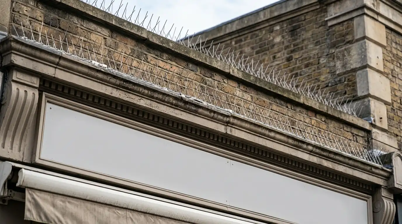 Bird spikes installed on a San Jose building ledge