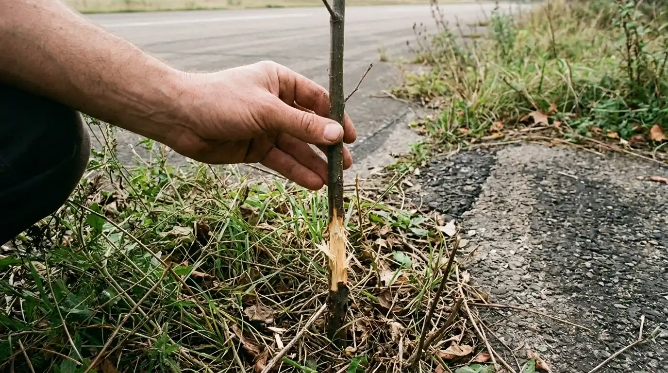 Vole bark damage at the base of a young shrub