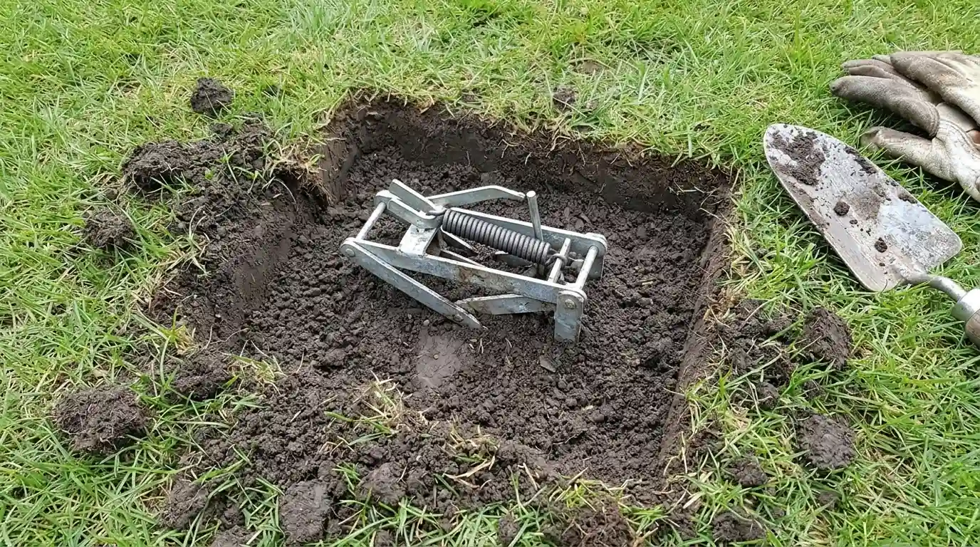 Mole trap set into an active below-ground run on a San Jose lawn