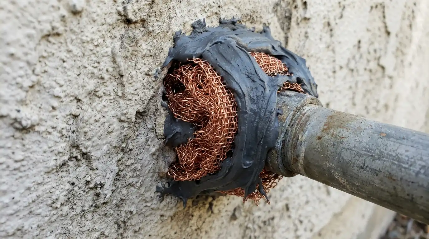 Pipe penetration sealed with mesh against rodent entry in San Jose