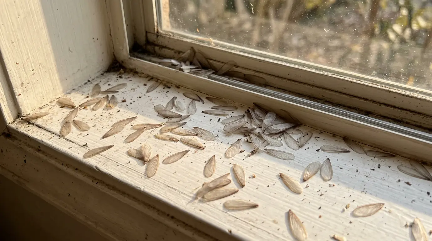 Shed swarmer wings on a window sill in San Jose