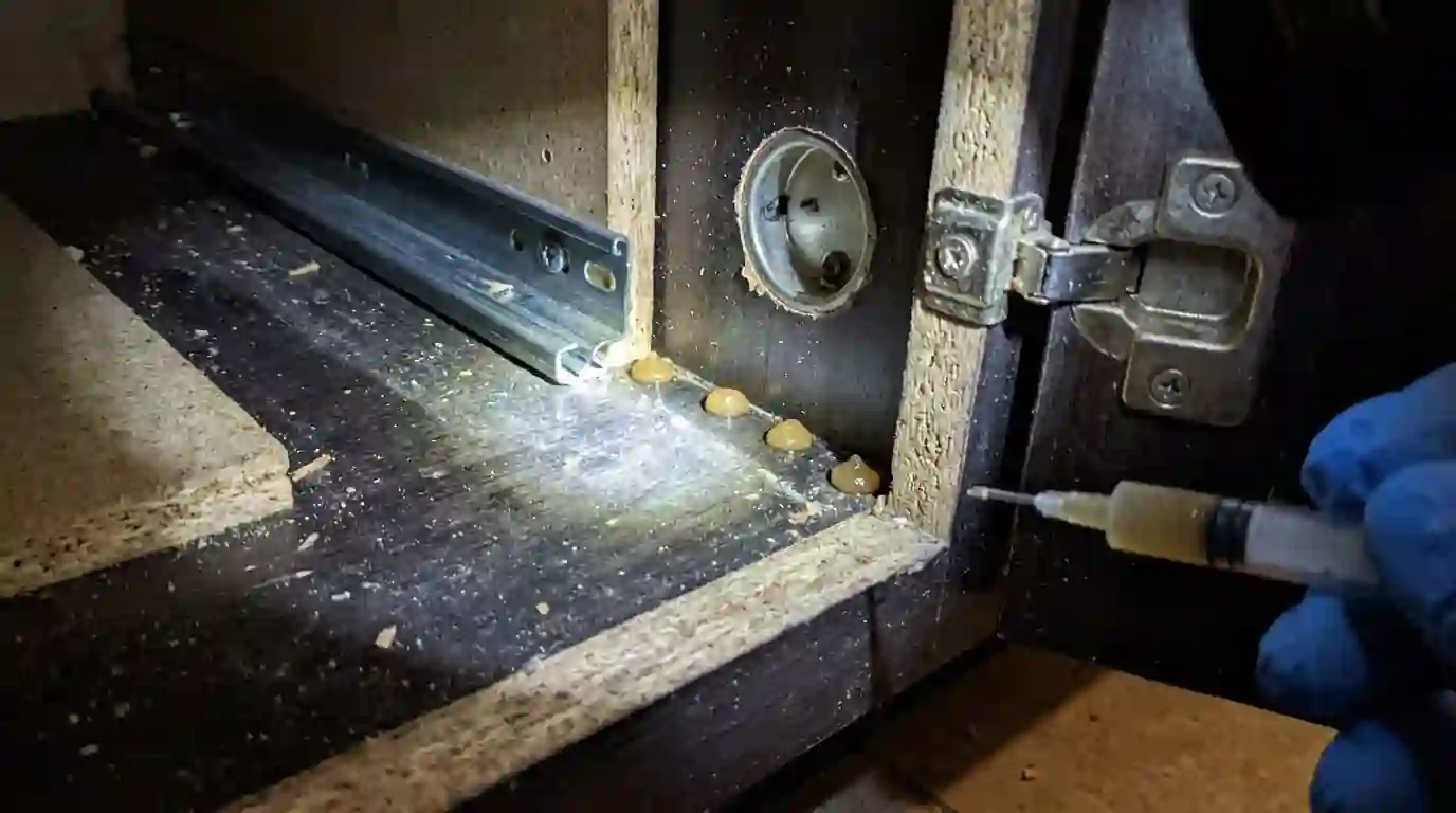 German cockroach gel bait placements inside a San Jose kitchen cabinet