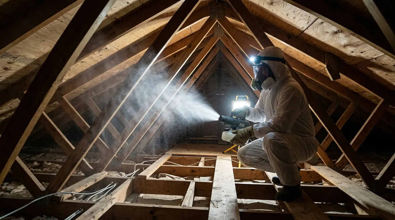 Sanitizing application across a cleaned San Jose attic