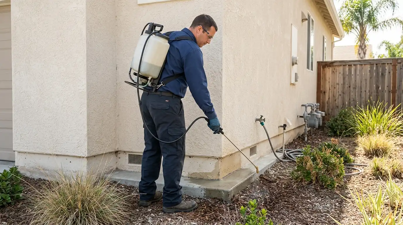 Exterior perimeter treatment during a one-time pest visit in San Jose