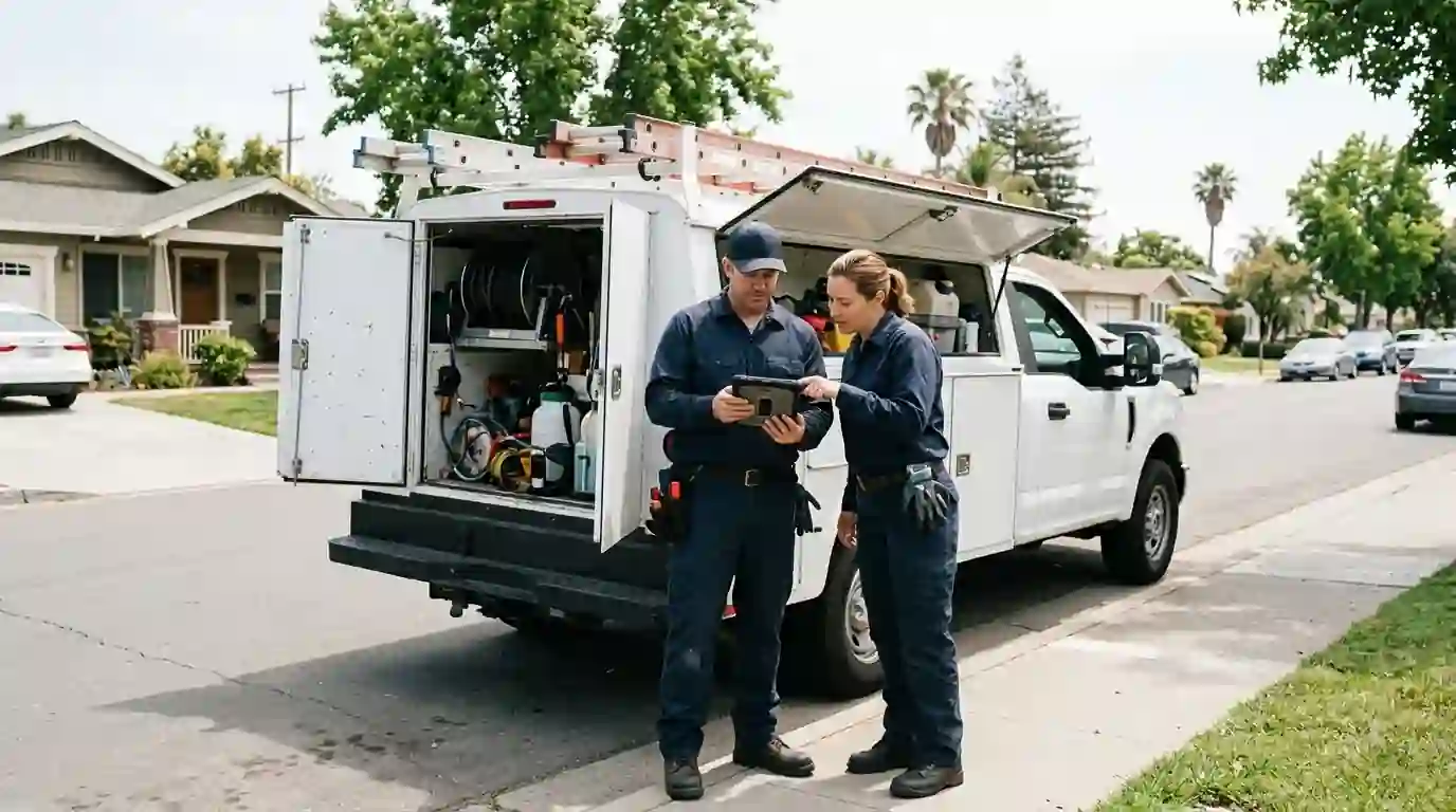 Pest control crew loading equipment at the San Jose service office