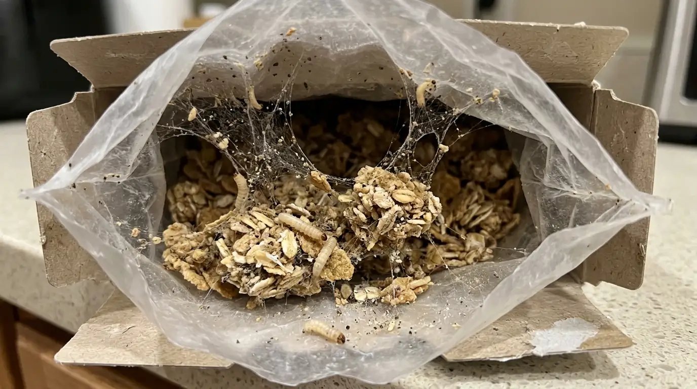 Indian meal moth webbing in a pantry container in San Jose