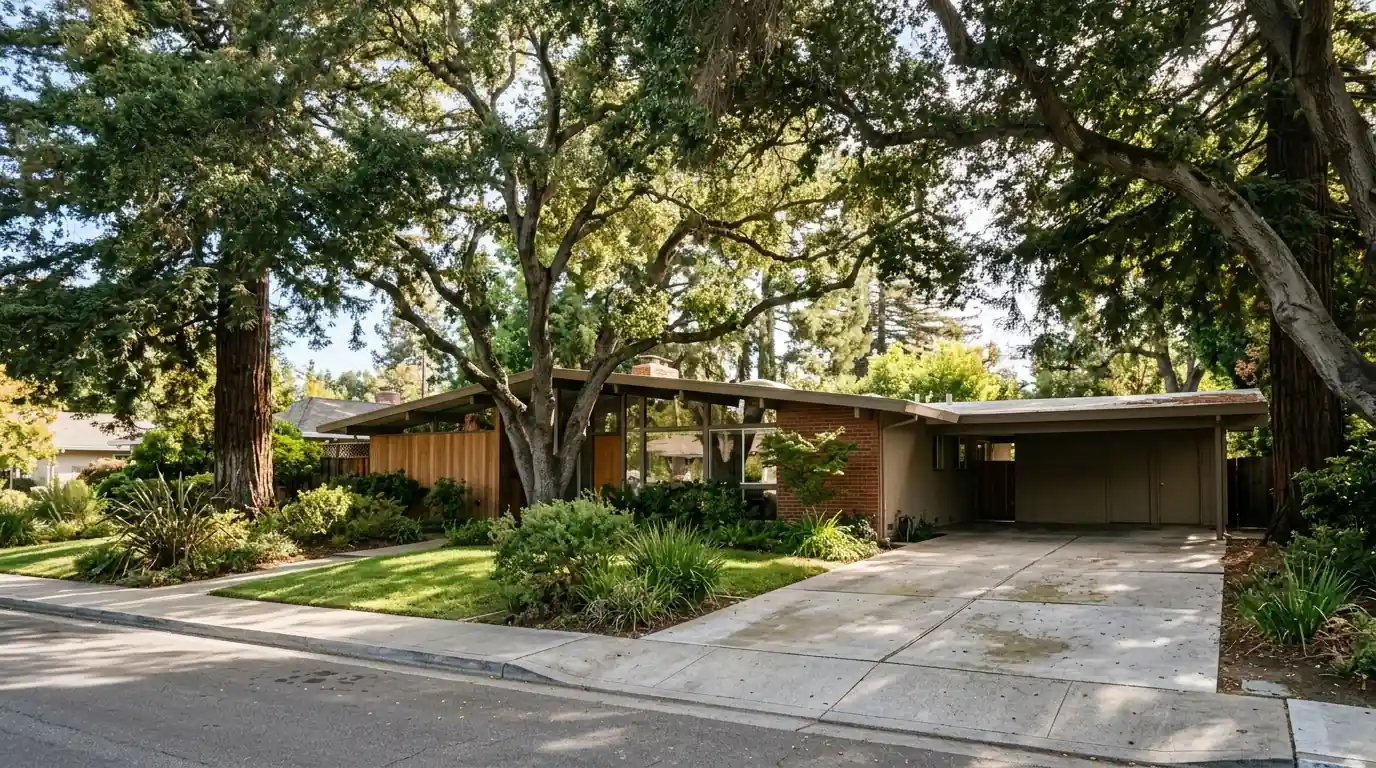 Mid-century Sunnyvale home with canopy over the roofline