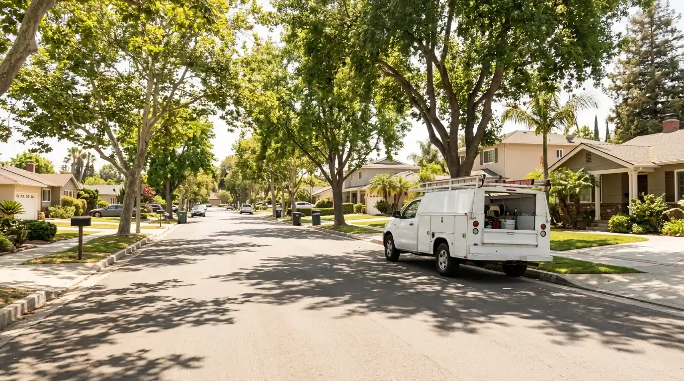 Bug Bashers truck parked on a tree-lined South Bay residential street
